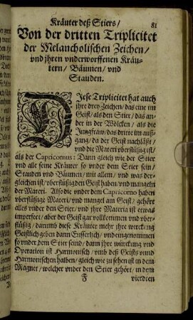 Von der dritten Triplicitet der Melancholischen Zeichen/ und ihren underworffenen Kräutern/ Bäumen/ und Stauden.