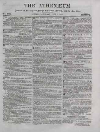 THE ATHENAEUM JOURNAL OF ENGLISH AND FOREIGN Literature, Science, and Fine Arts. PART CCCLXXIX.