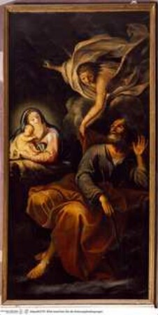 Ein Engel fordert Joseph auf, mit Maria und Jesus nach Ägypten zu fliehen