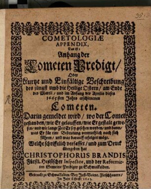 Cometologiae appendix ... : od. Kurtze Beschreibung des ... 1665 erschienenen Cometen