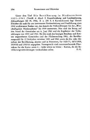 Uelschen, Gustav :: Die Bevölkerung in Niedersachsen 1821 - 1961, (Veröffentlichungen der Akademie für Raumforschung und Landesplanung. Abhandlungen, 45) : Hannover, Jänecke, 1966