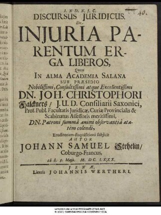 Discursus Iuridicus. De Iniuria Parentum Erga Liberos