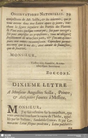 Dixiéme Lettre A Monsieur Augustin Scilla, Peintre, & Antiquaire fameux â Messine