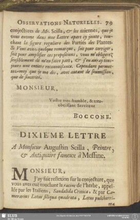 Dixiéme Lettre A Monsieur Augustin Scilla, Peintre, & Antiquaire fameux â Messine