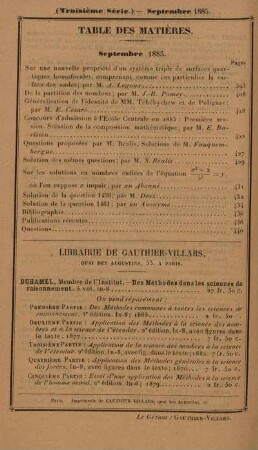 Table des matières. Septembre 1885.