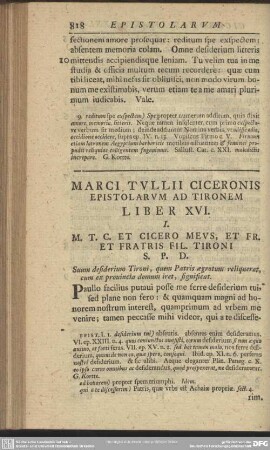 Marci Tullii Ciceronis Epistolarum Ad Tironem Liber XVI.