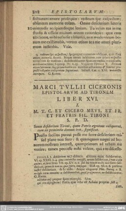 Marci Tullii Ciceronis Epistolarum Ad Tironem Liber XVI.