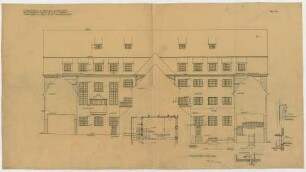 Fischer, Theodor; Kassel; Museum (jetzt: Hessisches Landesmuseum) - Hauptbau Hofseite (Ansicht); Waschkühe (Grundriss); Teilgrundriss; Schnitt