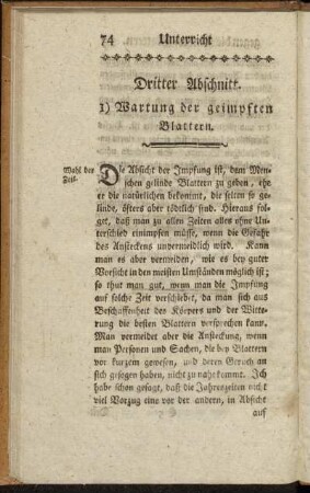 Dritter Abschnitt. I) Wartung der geimpften Blattern. - II. Anwendung auf natürliche Blattern.