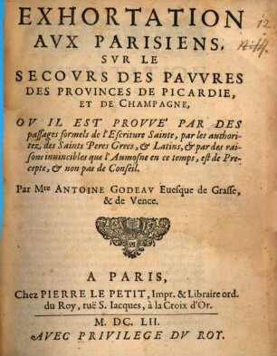Exhortation aux Parisiens sur le secours des pauvres