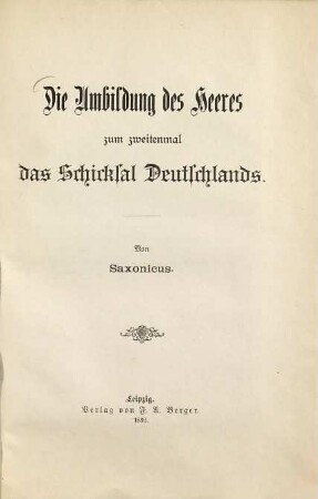Die Umbildung des Heeres zum zweiten Mal das Schicksal Deutschlands