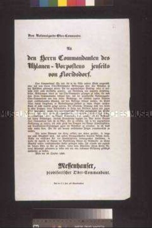 Maueranschlag: Offener Brief des Oberkommandanten der Nationalgarde Messenhauser an den Kommandanten des Uhlanen-Vorpostens; Wien, 19. Oktober 1848