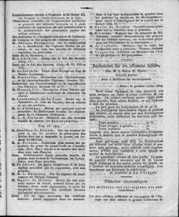 Recherches sur les ossemens fossiles, par M. le B[ar]on G. Cuvier. Nouvelle édition. Avis à Messieurs les Souscripteurs.