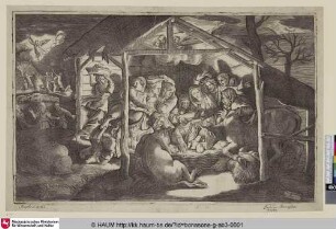 [Les pasteurs adorant l'enfant Jésus couché dans la crèche au milieu de l'âne et du boeuf; Die Anbetung der Hirten]
