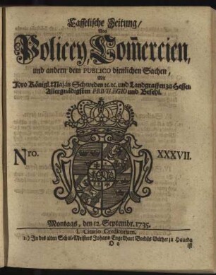 Nro. XXXVII, Montags, den 12. Septembr 1735