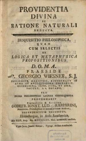 Providentia divina ex ratione naturali deducta