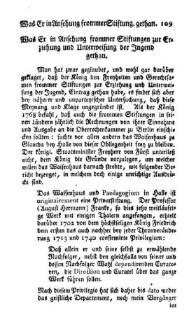 Was Er in Ansehung frommer Stiftungen zur Erziehung und Unterweisung der Jugend gethan