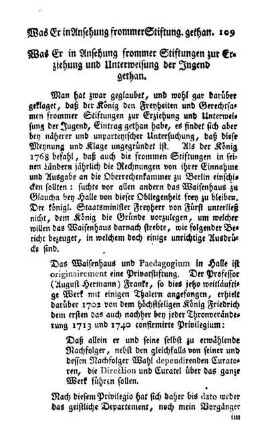 Was Er in Ansehung frommer Stiftungen zur Erziehung und Unterweisung der Jugend gethan