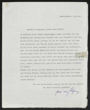 Brief von Hans von Hülsen an Gerhart Hauptmann