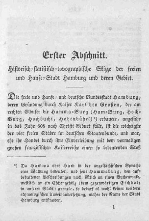 Erster Abschnitt. Historisch-statistisch-topographische Skizze der freien und Hanse-Stadt Hamburg und deren Gebiet.