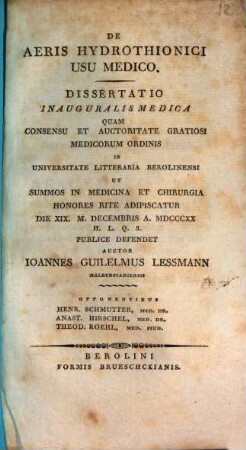 De aeris hydrothionici usu medico : Diss. inaug. med.