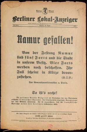 Namur gefallen! : Extra-Blatt Berliner Lokal-Anzeiger