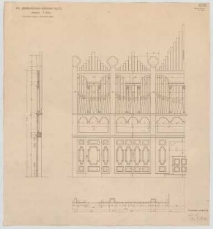 Fischer, Theodor; Ulm; Garnisonkirche (Pauluskirche) - Orgel (Grundriss, Ansicht, Schnitt)