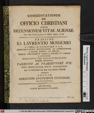Commentationem De Officio Christiani Circa Defensionem Vitae Alienae : Ad Illvstrandvm Prov. XXIV, 11. 12