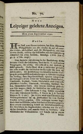 No. 71. Den 5ten September 1791.