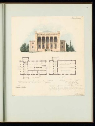 Singakademie Monatskonkurrenz Oktober 1851: Grundriss Erdgeschoss, Obergeschoss, Aufriss Vorderansicht; 2 Maßstabsleisten, Erläuterungstext