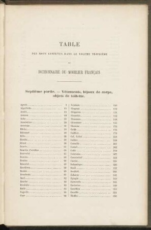 Table des mots contenus dans le volume troisiéme du dictionnaire du mobilier francais