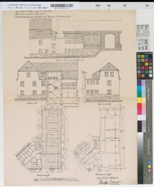 Dienstgebäude auf Vorbahnhof Barmen-Rittershausen: Ansichten, Grundrisse, Schnitt, M. 1:100