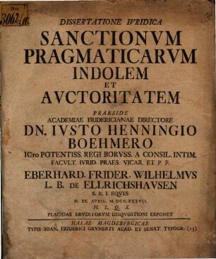 Dissertatione Ivridica Sanctionvm Pragmaticarvm Indolem Et Avctoritatem