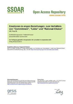 Emotionen in engen Beziehungen: zum Verhältnis von "Commitment", "Liebe" und "Rational-Choice"