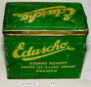 Blechdose für Kaffee? "Eduscho schafft zu jeder Zeit Behagen und Gemütlichkeit. KAFFEE-TEE-KAKAO-IMPORT + EDUARD SCHOPF + BREMEN" (Abbildung dreier älterer Damen beim Kaffeetrinken am Tisch)