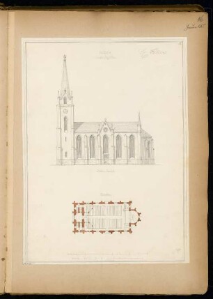 Dorfkirche mit 300 Sitzplätzen Monatskonkurrenz Januar 1865: Grundriss, Aufriss Seitenansicht; 2 Maßstabsleisten