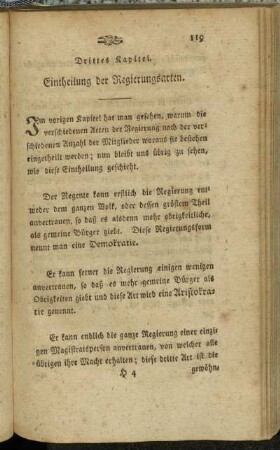 Drittes Kapitel. Eintheilung der Regierungsarten. - Viertes Kapitel. Von der Demokratie.