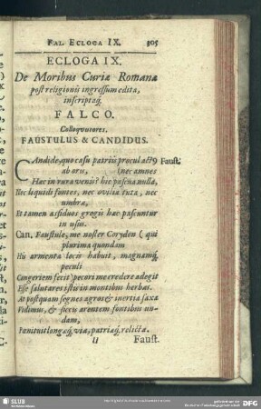 Ecloga IX. De Moribus Curiae Romanae post religionis ingressum edita, inscriptaque