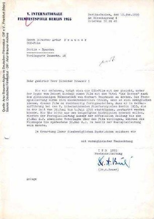 Brief von Berlinale-Festspielleiter Dr. Alfred Bauer an CCC, 11.01.1955
