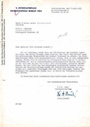 Brief von Berlinale-Festspielleiter Dr. Alfred Bauer an CCC, 11.01.1955