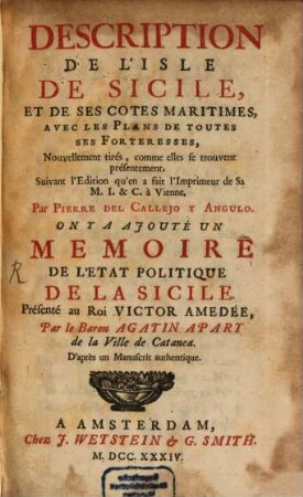 Description de l'Isle de Sicile et de ses cotes maritimes : avec les plans de toutes les forteresses