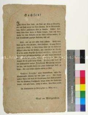 Aufruf des Generals Graf von Wittgenstein an die Sachsen zur Kollaboration im Kampf gegen Napoleon zur Wiederherstellung von Ehre und Freiheit als Deutsche