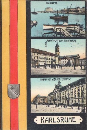 Postkartenalbum. "Karlsruhe". Rheinhafen, Marktplatz mit Stadtkirche, Hauptpost und Kaiserstraße