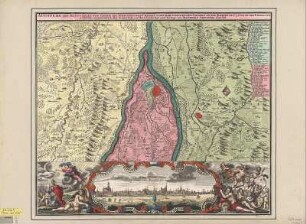 Ansicht und Umgebungskarte von Augsburg, ca. 1:50 000, Kupferst., um 1733 : Augspurg Die Haupt-Stadt Und Zierde Des Schwaebischen Craises, Samt Der Umligenden Gegend In Die Breite Auf 3 Und In Die Länge Auf 1 1/2 Stund Gerechnet / mit sonderbahrem Fleiß Verfertigt und Verlegt von Matthaeo Seutter daselbst. Gottfried Rogg del. Melchior Rhein fecit. - [Ca. 1:50 000]. - [Augustae Vindelicorum] : Matthaeus Seutter , [um 1733]. - 1 Kt. und 1 Ansicht auf 1 Bl. : color. Kuperstich ; Gesamtgr. 58 x 48 cm