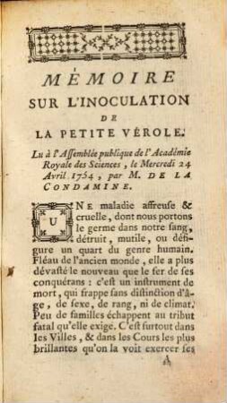 Mémoire sur l'inoculation de la petite vérole