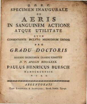 Specimen inaug. de aeris in sanguinem actione atque utilitate