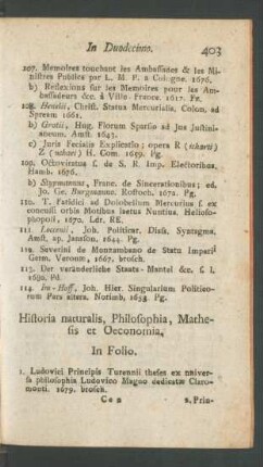 Historia naturalis, Philosophia, Mathesis et Oeconomia