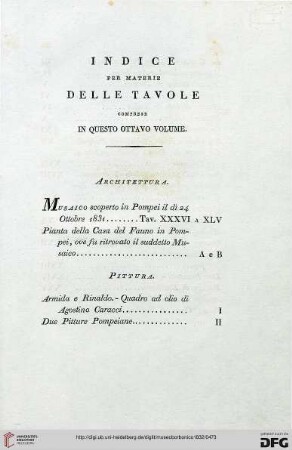 Indice per materie delle tavole coprese in questo ottavo volume