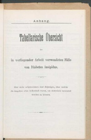 Anhang. Tabellarische Übersicht der in vorliegender Arbeit verwendeten Fälle von Diabetes insipidus.