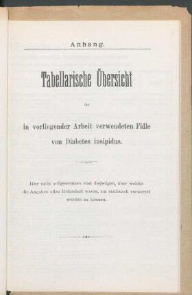 Anhang. Tabellarische Übersicht der in vorliegender Arbeit verwendeten Fälle von Diabetes insipidus.